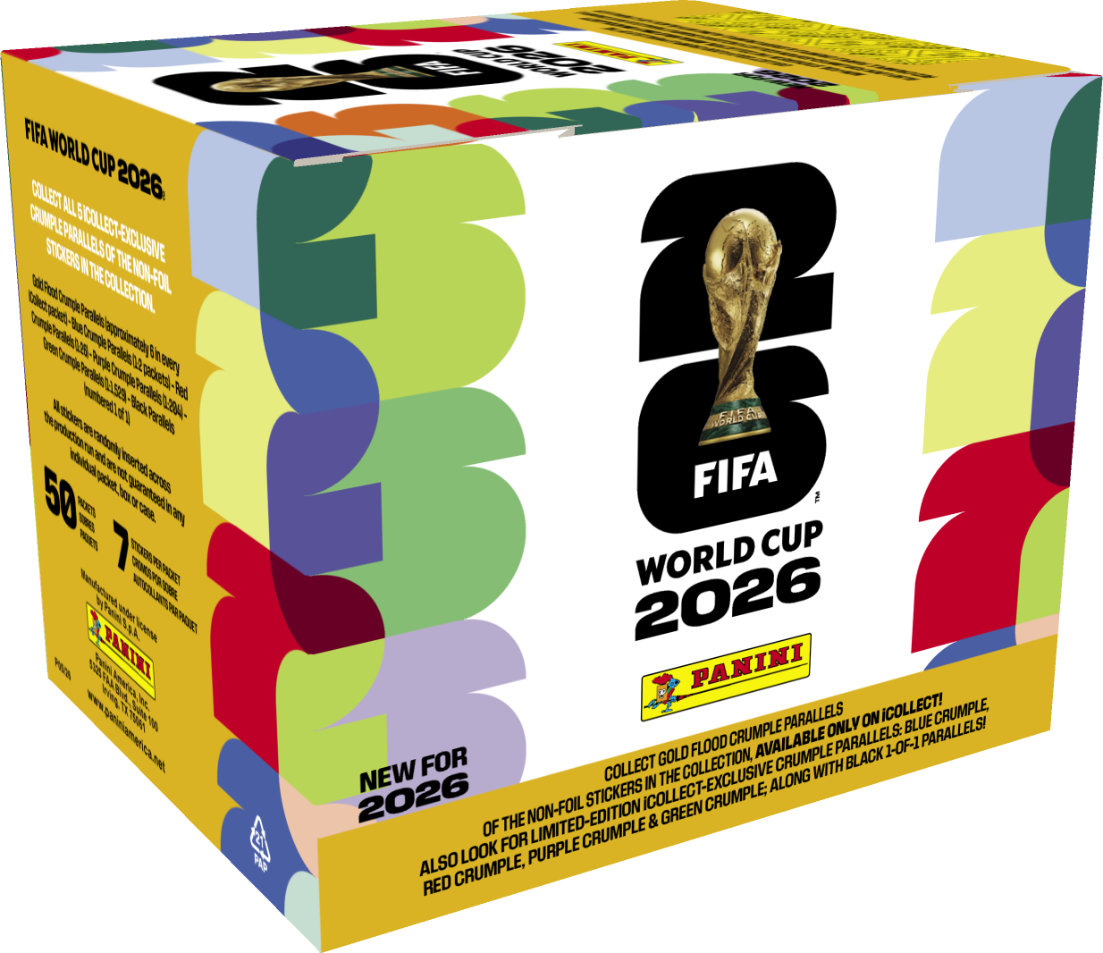 iCollect Sticker Box FIFA World Cup 2026 — caja con 50 sobres y 4 figuritas iCollect exclusivas